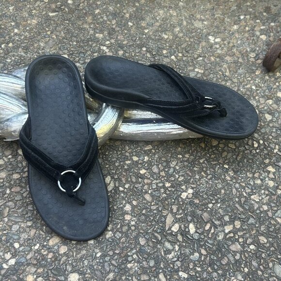 Vionic Black Suede Leather Tide Aloe Toe Post Ortho Heel Thong Sandals Size 7 - Picture 11 of 11